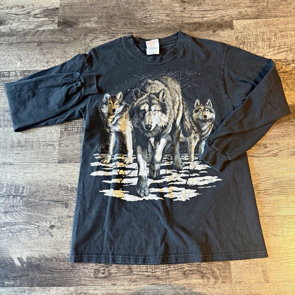 Vintage 1994 Wolf Shirt Hanes Beefy T Long Sleeve Mens M Wildlife Graphic 90s